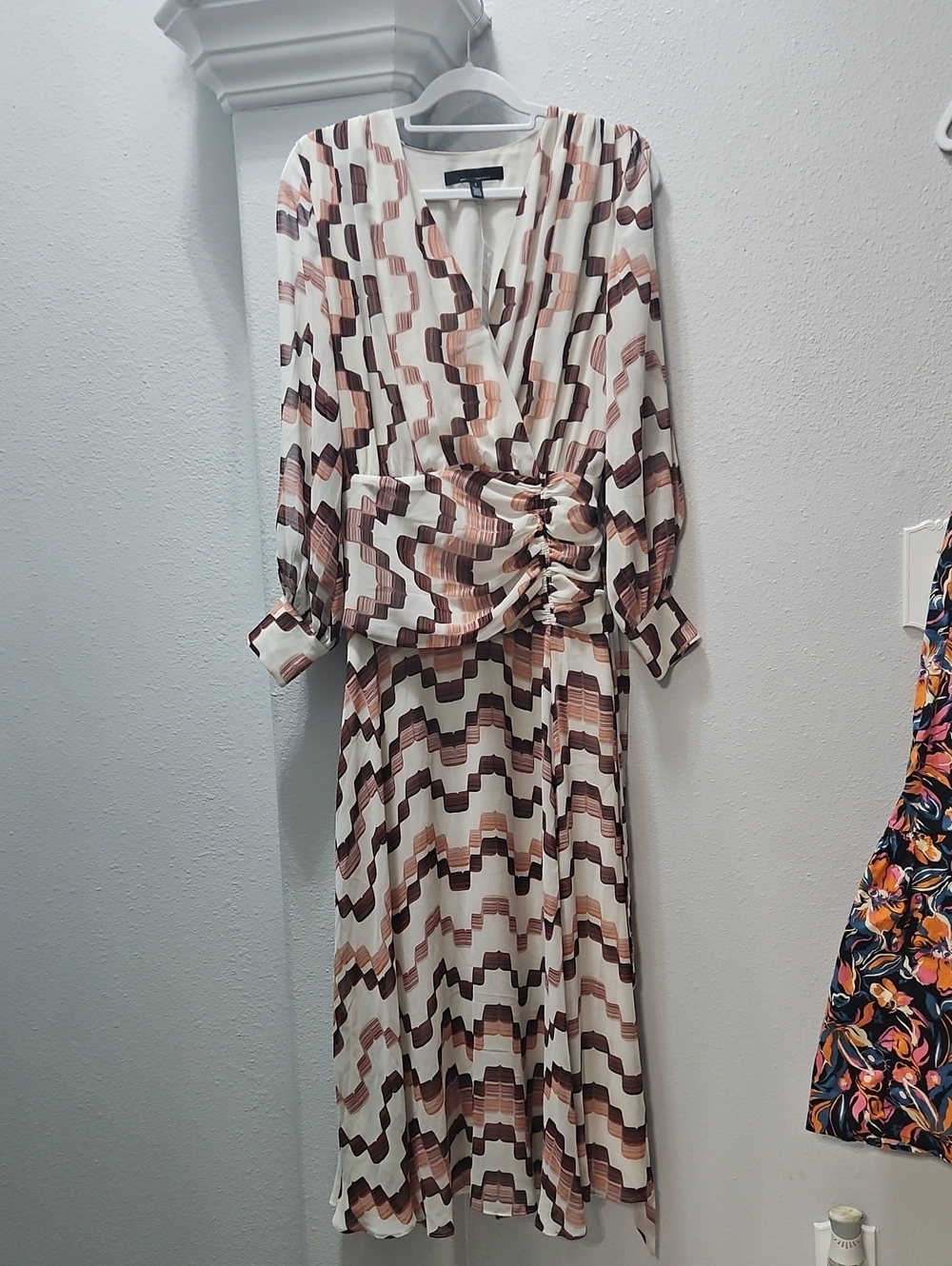 White House Bkack Market Pleated Geometric Wrap Midi Dress in Cream and Brown